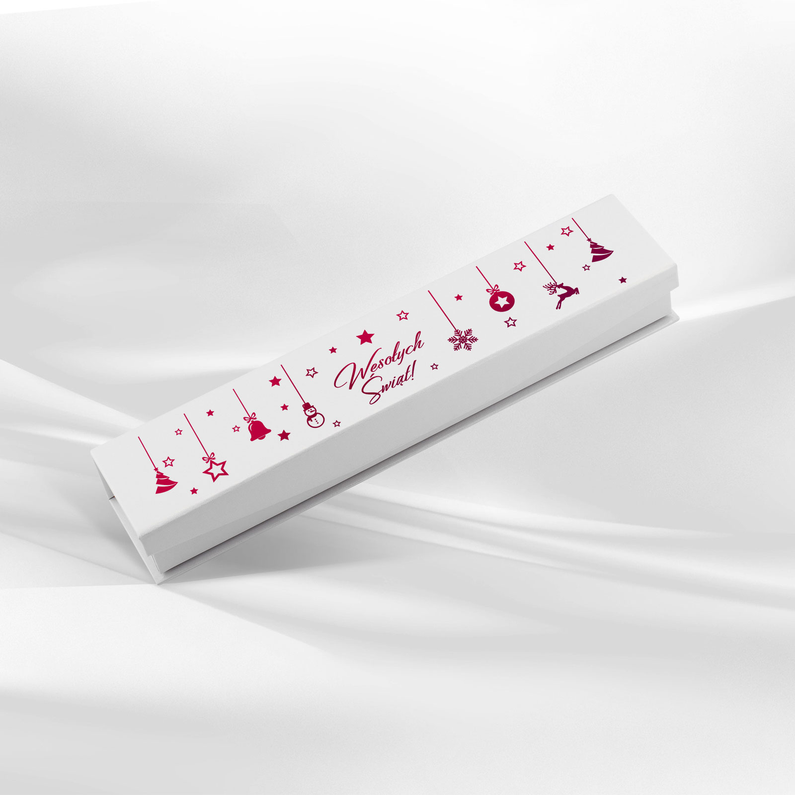 Eleganckie pudełko jubilerskie w białym kolorze z magicznym świątecznym motywem