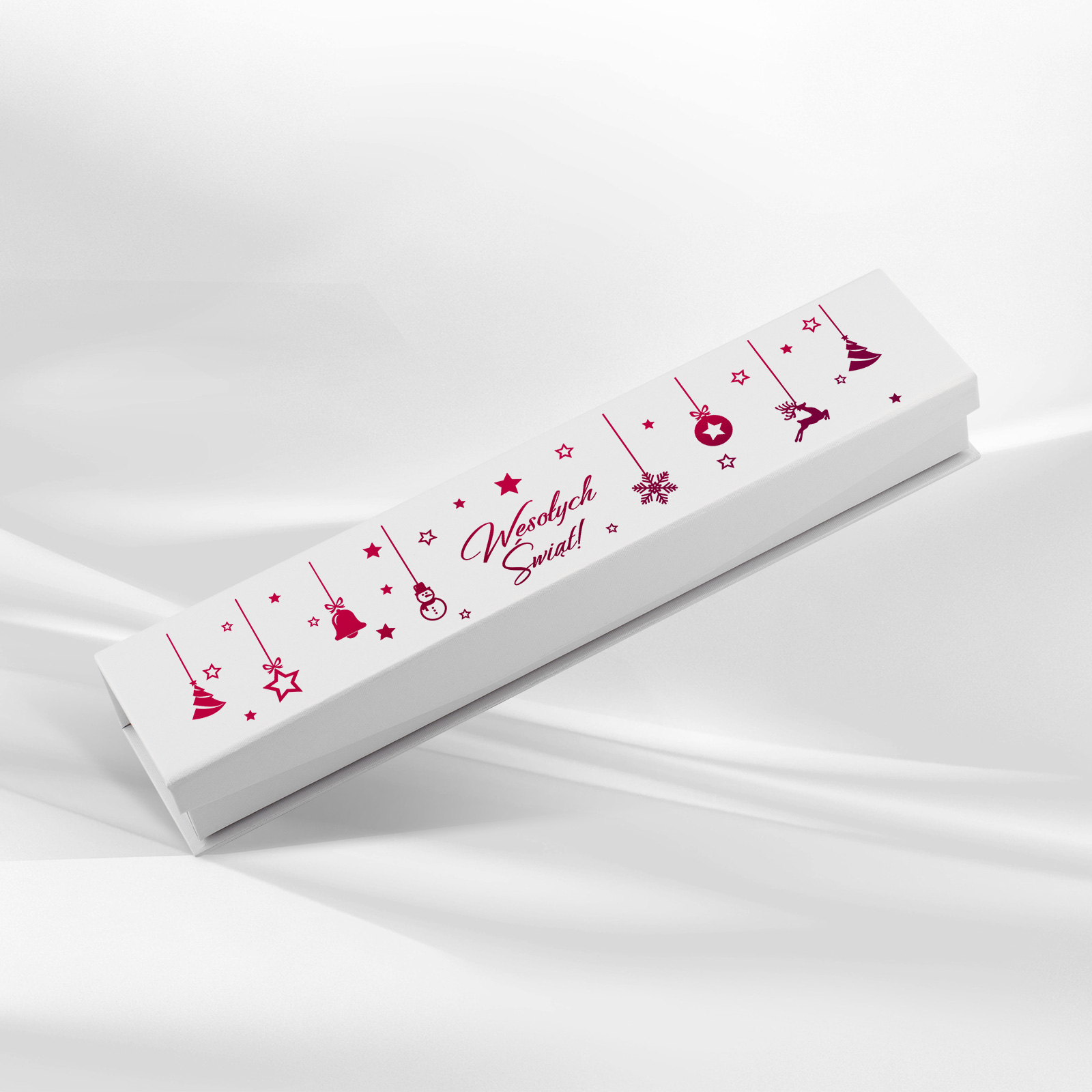 Eleganckie pudełko jubilerskie w białym kolorze z magicznym świątecznym motywem