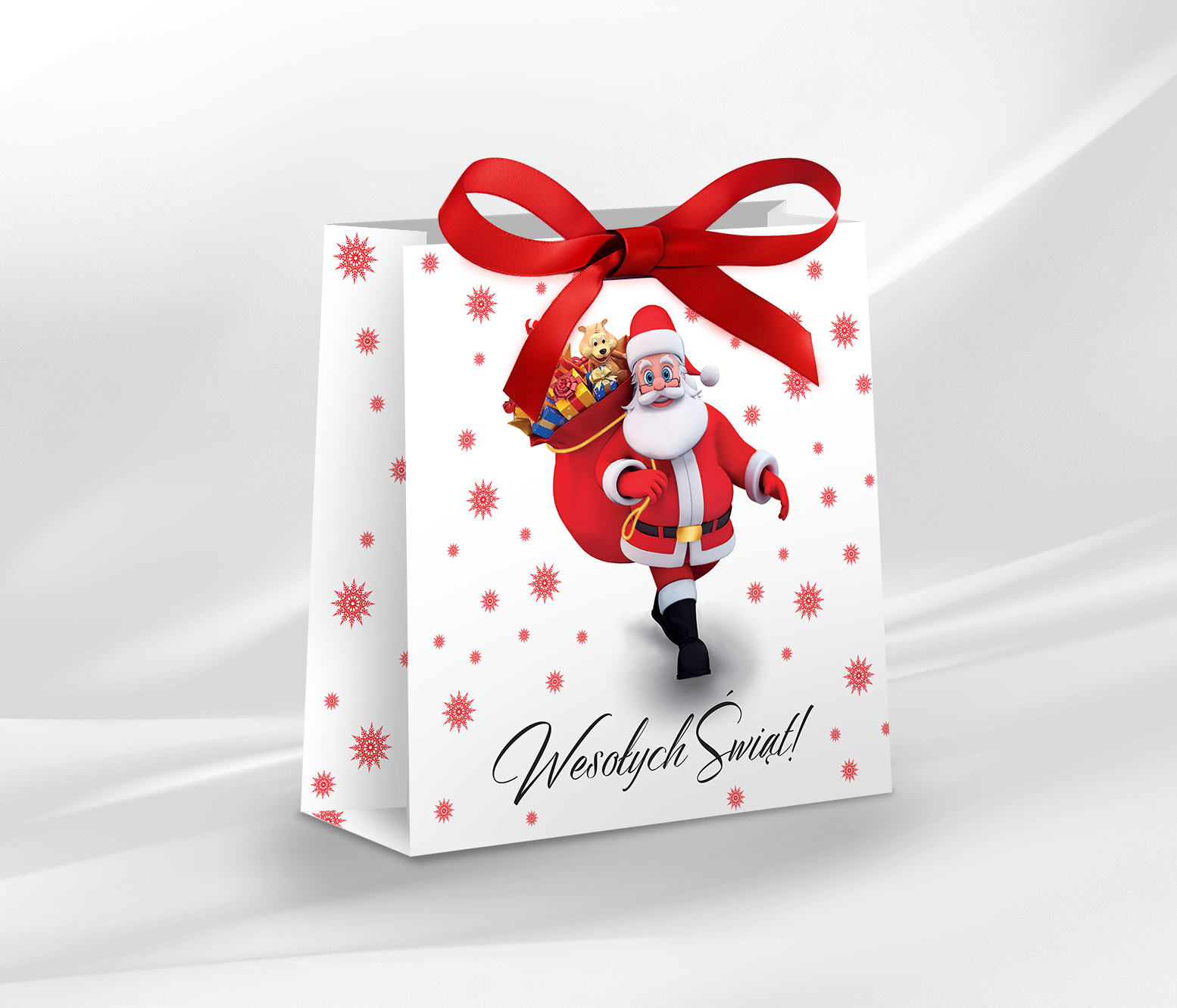 Piękna, świąteczna torebka jubilerska z motywem mikołaja, ozdobiona czerwoną kokardką